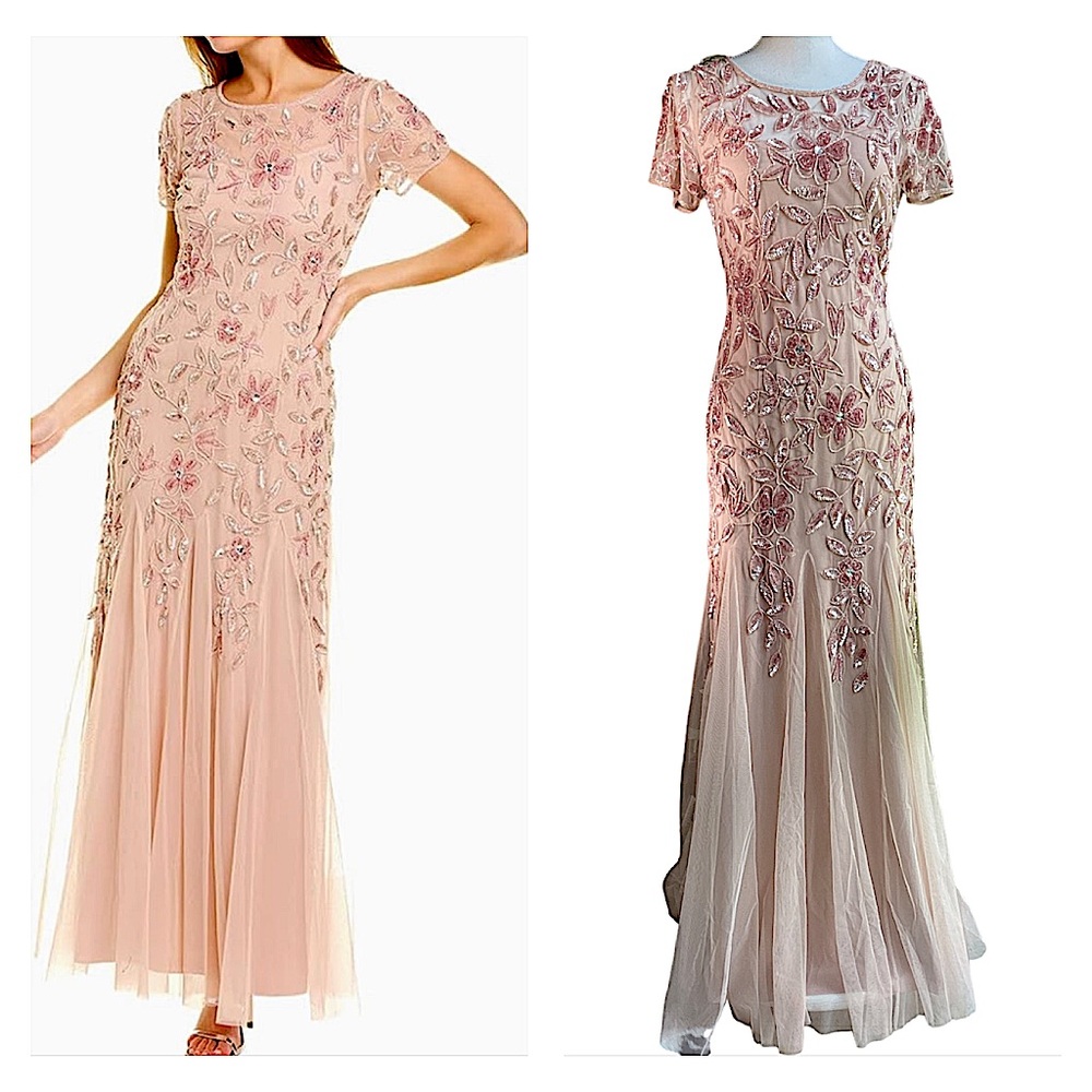 NWOT Adrianna Papell Sequin Floral Godet Gown In Blush. B23